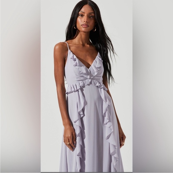 ASTR The Label Adoria Ruffled V-Neck Side Slit Chiffon Maxi Dress NEW - Picture 6 of 14